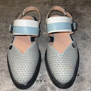 Woven Pointed Toe Slingback Flats in Light Blue & White